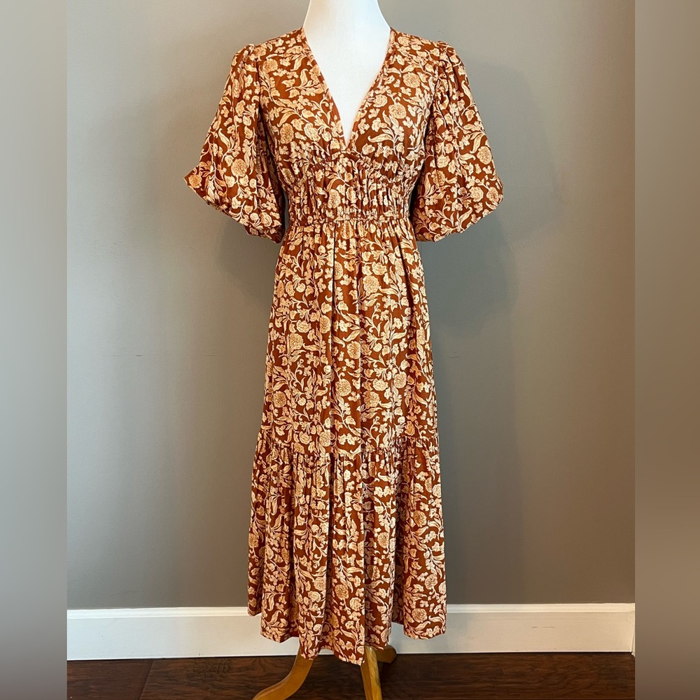 Floral V-Neck Midi Dress - Brown
